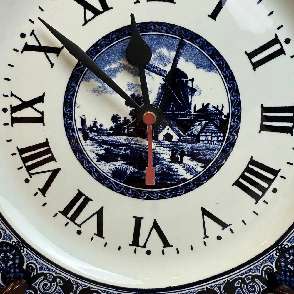 Vintage Boch Delft Blue White Windmill‎ Ceramic Plate Wall Clock Belgium WORKS
